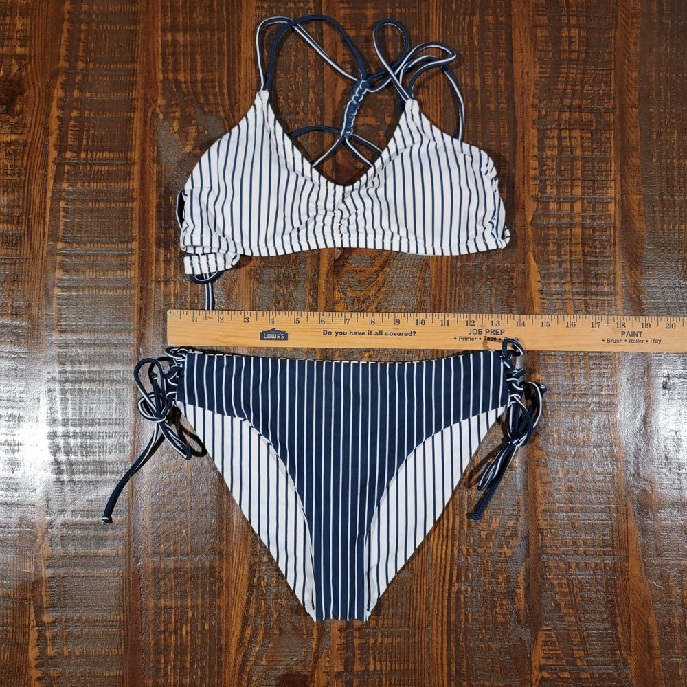 CUPSHE (Reversible Bottoms) Navy & White Striped Bikini Size Medium Women's